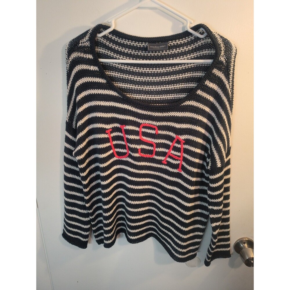 Wooden Ships USA Striped Knit Sweater Womens XS S Paola Buendia Navy